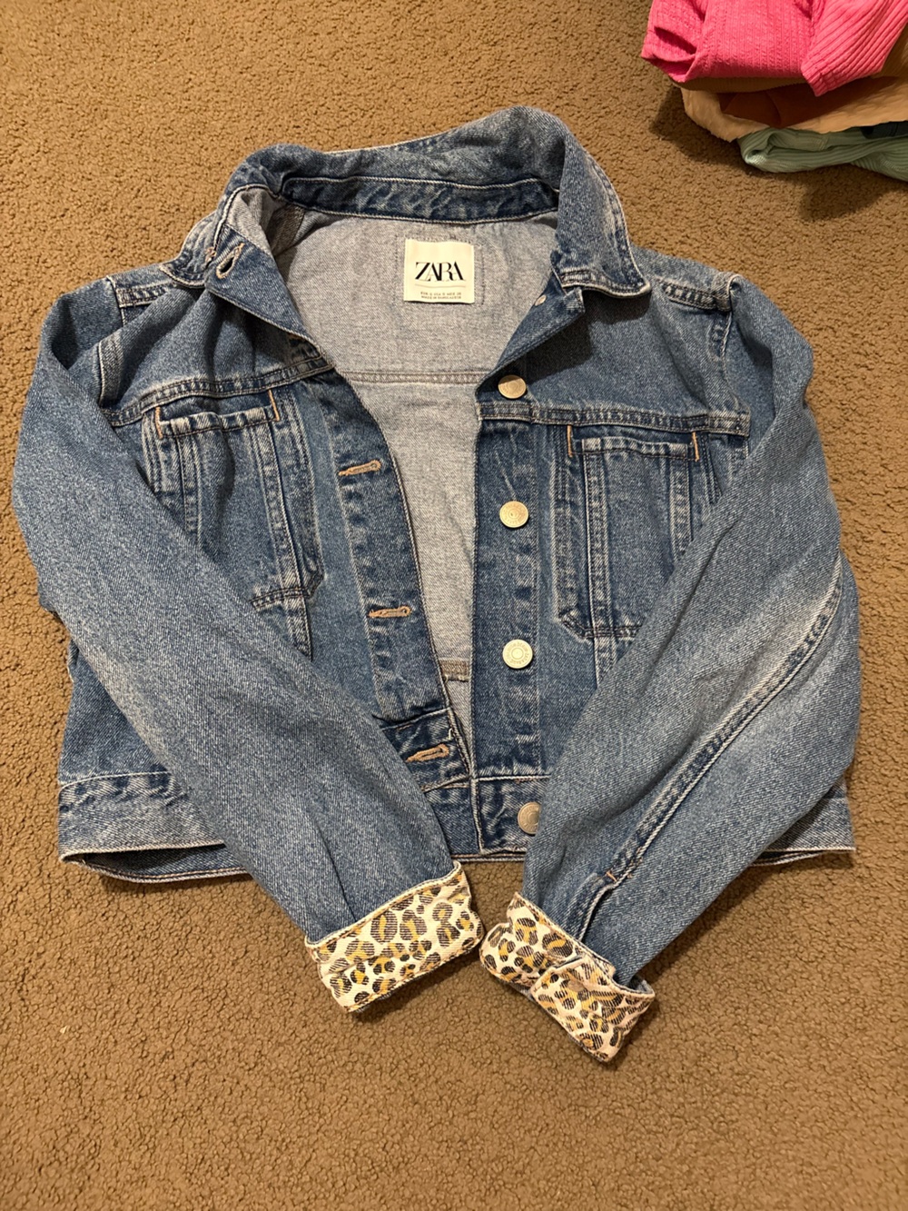 Zara Light Blue Denim Jacket with Leopard Cuffs